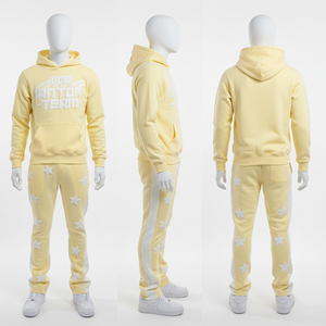 Ensemble de survêtement personnalisé pour homme en molleton de coton jaune épais avec broderie chenille, patch étoile et impression en relief - Product Image 1