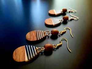 Handmade Wooden Teardrop Earrings With Striped <b>Resin</b> Inlay Gold Hook Dangle Jewelry For Women <b>Resin</b> <b>Crafts</b> - Product Image 2