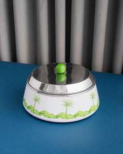 Decorative White Food Warmer Container with Palm Tree Pattern Metallic Dome Lid Green Knob Elegant Casserole <b>Kitchenware</b> - Product Image 1