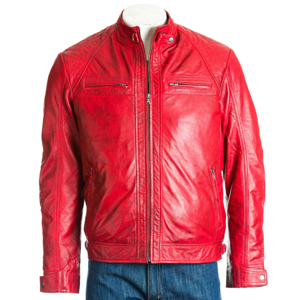 Men's High Quality Red <b>Canvas</b> Genuine Leather Moto Jacket Stand Collar Regular Fit Biker Style Winter Front - Product Image 1