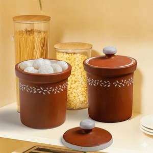 Terracotta Style Ceramic <b>Storage</b> Jar Set With Lid Airtight Food Safe Container Durable <b>Kitchen</b> Counter Organizer - Product Image 1