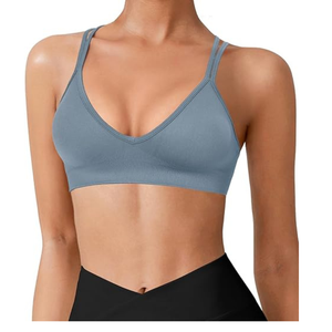 Women V-Neck Spaghetti Strap Sports Bra Seamless Support Yoga Breathable Solid Gray - Product Image 4