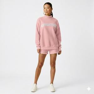 Ensemble hiver femme col montant et short en mélange de coton premium, coupe décontractée, deux pièces douces pour le streetwear - Product Image 1