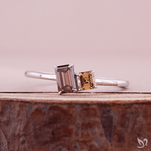 Champagne Lab Grown Diamond Toi et Moi <b>Ring</b> Asscher and Emerald Cut <b>Two</b> <b>Stone</b> Engagement <b>Ring</b> Architectural Design Ready to Ship - Product Image 1