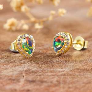 Natural Black Fire Ethiopian Opal Stud Earrings For Women Vintage Minimalist 925 Sterling Silver 14K <b>Gold</b> Plated - Product Image 6