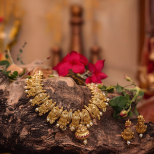 Lakshmi Rhodium Plated Zircon Coins Matte Necklace and Earring Set for Bridal - Product Image 2