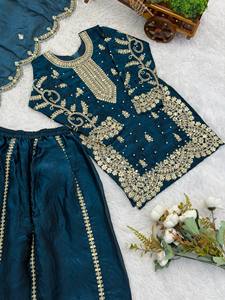 Ensemble Kurta et Palazzo brodés pour filles, vêtements ethniques en soie, tenue traditionnelle pour mariage, fête, Diwali - Product Image 4