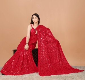 KV Self Design Bollywood Georgette <b>Saree</b> (<b>Red</b>) - Product Image 5