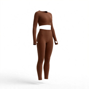 Ensemble de yoga 2 pièces sans couture pour femme, couleur unie personnalisable, avec leggings taille haute longueur intégrale et crop top dos nageur en Spandex/Nylon Water - Product Image 5