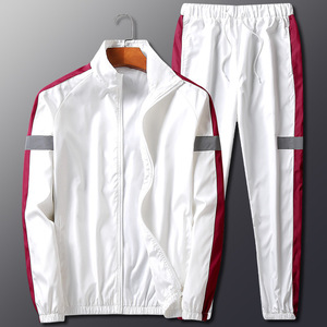 Ensemble de survêtement unisexe blanc avec bandes rouges, fermeture éclair intégrale, séchage rapide, style sportif, pour adulte, collection printemps - Product Image 1
