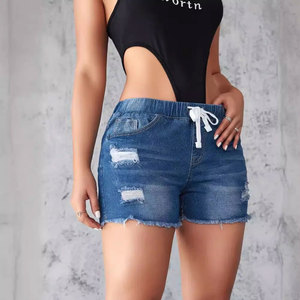 Shorts en jean taille haute déchirés avec cordon de serrage, ourlet effiloché et détails déchirés, style décontracté pour femme - Product Image 3