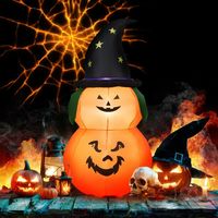 Zucca Gonfiabile LED di Halloween da 1,5 Metri con Cappello da Strega, Decorazioni per Esterni e Giardino