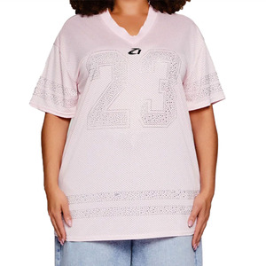 Trendy Custom Pink Sparkly Rhinestone Streetwear Jersey Y2K Rhinestone Number Graphic V-Neck T-shirt Wholesale Rhinestone jersey - Product Image 5