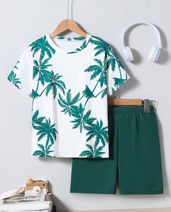 Boys Tropical Palm Print T-Shirt and Shorts Set Casual Summer Outfit Cotton Knitted Fabric White Green - Product Image 2