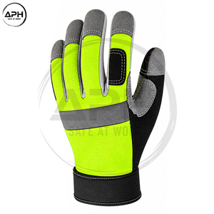 Hi Visibility Yellow Mechanics Work <b>Gloves</b> Grey Suede Leather Reinforced Palm Hook Loop Wrist Band Reflective Working <b>Gloves</b> - Product Image 2