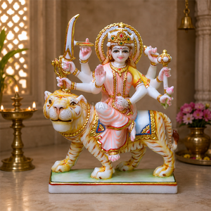 Marble Durga Mata Statue on Tiger | Handmade White Marble Durga Maa Murti for Home & Temple by MALIYAS Jaipur India - Product Image 1