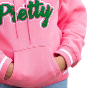 Sudadera con capucha rosa para chicas bonitas, sudadera universitaria unisex con letras griegas bordadas en chenilla, sudadera premium informal. - Product Image 6