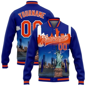 ขายส่งโดยตรงจาก OMMIZ INDUSTRY เสื้อแจ็คเก็ต Letterman แบบมีกระดุมเต็มตัว รุ่น 3D Bomber สีส้ม-ขาว แบบกำหนดเอง - Product Image 1