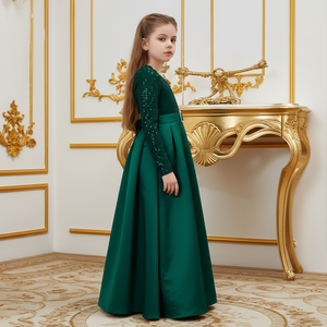 Vestido Largo Verde con Lentejuelas y Flores para Niña, Cuello en V, Bordado de Terciopelo, Vestido Elegante para Cumpleaños, Boda, Fiesta, Ropa Infantil - Product Image 2