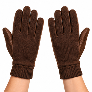 Premium Brown Winter Knitted <b>Gloves</b> PU Leather Palm Anti Slip <b>Thermal</b> <b>Gloves</b> Full Finger Warm <b>Gloves</b> for <b>Men</b> Women - Product Image 3