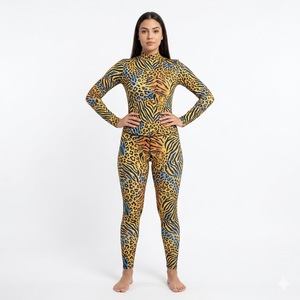 Women's Yellow <b>Animal</b> Print Long Sleeve High Neck Bodycon Jumpsuit Full Length Stretch Activewear - Product Image 1