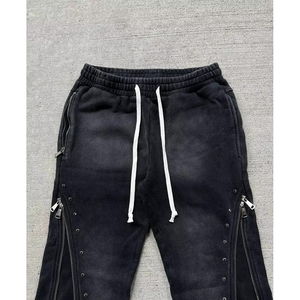 Los Mejores Pantalones Acampanados Negros para Hombre, Transpirables, de Peso Medio, con Cintura Elástica, Cordón Ajustable, Detalle de Remache, Dobladillo Desgastado, Estilo Urbano, Tejidos - Product Image 5