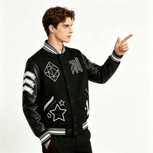 Blouson Bomber Oversize Homme Personnalisé en Mélange de Laine avec Broderies, Bordures Côtelées Rayées et Manches en Similicuir – Style Streetwear - Product Image 4