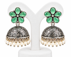 Pendientes Jhumka de Plata Oxidada con Piedra Verde Agua y Diseño Floral, Joyería Colgante Floral, Venta al por Mayor, Directo de Fábrica, OEM ODM - Product Image 1