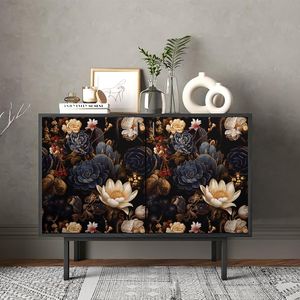 Carta da Parati Nera con Piante Succulente e Fiori Bianchi/Rossi, Facile da Applicare, Stile Vintage per Decorazione Casa - Product Image 2