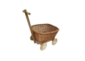 Chariot à jouets pour enfants en rotin naturel tissé à la main avec poignée en bois et quatre roues, chariot de rangement en osier fait main pour enfant, crèche - Product Image 3