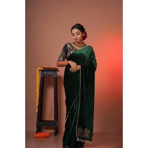 ATTRACTIVE VISCOSE VELOURS BRODERIE AVEC DENTELLE TRAVAIL SAREE AVEC CHEMISIER INCOSÉ VERT - Product Image 1