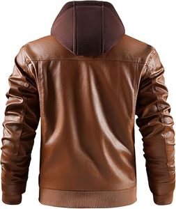 Chaqueta de cuero PU para hombre, estilo motociclista, talla grande, con capucha, transpirable, con cremallera, para otoño, en marrón y negro, venta al por mayor de fábrica. - Product Image 2