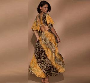 Vestido largo maxi con cuello en V profundo para mujer, con lazo en la espalda, estampado floral, estilo bohemio, con mangas con volantes, surtido - Product Image 1