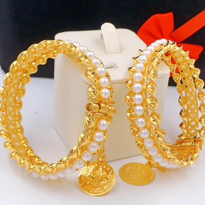 Wholesale Little Bee Jewelry Fine Vintage 18K Gold Plated Coin <b>Bangle</b> Bracelets Women Pearls Trendy <b>Copper</b> Cuff for Wedding - Product Image 6