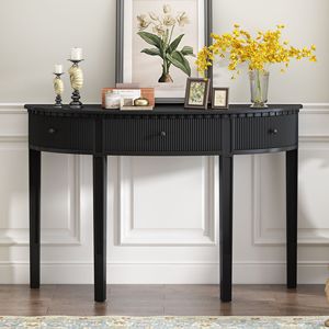 Pine Veneer <b>Console</b> Table with Distinctive Four Legs and Vertical Stripe Drawer Fronts - Product Image 1