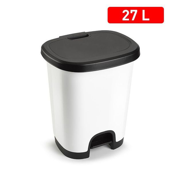 White bucket with black lid