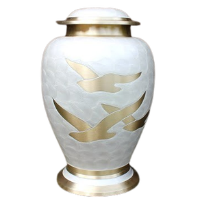 Urna Funeraria de Metal para Cenizas de Adultos, Estilo Americano/Europeo, con Palomas Blancas Grabadas en Latón Pulido - Product Image 1