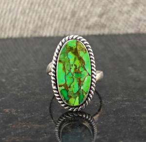 แหวนเงินแท้ 925 ประดับเทอร์ควอยซ์สีเขียวทองแดง สไตล์โบฮีเมียน ทำด้วยมือ แหวนประดับอัญมณี - Product Image 5