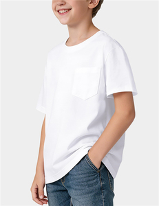 Camiseta Blanca de Algodón y Elastano para Niños con Bolsillo en el Pecho, Ropa Escolar, Camiseta Básica de Manga Corta con Cuello Redondo - Product Image 2