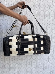 High Quality 2026 Cowhide Fur <b>Leather</b> Luggage <b>Bags</b> Checks Design Handmade <b>Bag</b> Unisex Travel <b>Bag</b> Multi Uses Big Size Duffel <b>Bag</b> - Product Image 4