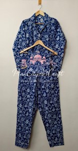 Premium Indigo Blue Hand-Block Floral Print Cotton Summer Quick Dry Breathable Lightweight Women's 2-Piece Pajamas Set - Product Image 5