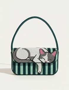 Bolso de Mano para Mujer con Diseño de Gato Bordado, Rayas, Lona Impermeable, Ecológico, Forma de Sillín, Correa Única, Cierre de Solapa, para Uso Diario - Product Image 1
