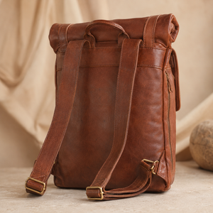 Vintage Brown Leather <b>Roll</b> <b>Top</b> <b>Backpack</b> Buckle Travel Rucksack Laptop Bag for Men Women Daily Office Use - Product Image 3
