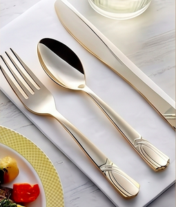 Juego de cubiertos Celeste Art Deco con acabado espejo en acero inoxidable y mangos planos y gruesos para hotel, bodas y restaurantes. - Product Image 1
