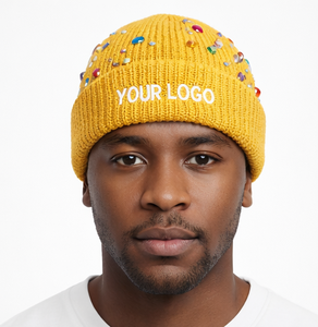 Gorro de Punto Jacquard Multicolor con Pedrería, Gorro de Invierno Unisex con Adornos de Diamantes de Imitación, Gorro de Punto con Puño Acanalado - Product Image 1