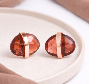 Garnet Quartz <b>Earring</b> - Center Bezel <b>Stud</b> <b>Earring</b>, Oval Shape Faceted Gemstone <b>Earring</b> For Women Minimalist January Birthstone - Product Image 1