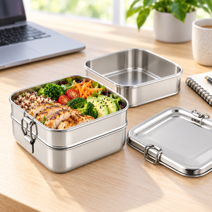 Boîte à lunch carrée en acier inoxydable, conteneur alimentaire anti-fuite avec couvercle pour l'école et le bureau - Product Image 3