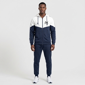 <b>Mens</b> Navy Blue <b>White</b> Solid 100% Cotton Fleece Tracksuit Set Full Zip Hooded Sportswear Jacket & Jogger <b>Pants</b> - Product Image 1