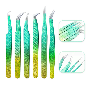 Premium 6 Pcs Gradient Green Textured Eyelash Tweezers Set Anti-Slip Stainless Steel Volume Lash Extension Tweezers Lash Tools - Product Image 1