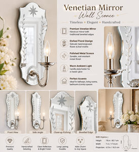 Vintage Handmade Durable Glass <b>Wall</b> Mounted Mirror Sconce with Floral Etching and Single Candle <b>Light</b> Fixture for Entryway - Product Image 2